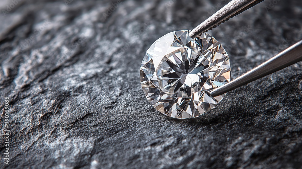 A closeup of a brilliant, shiny diamond held by tweezers on a grey textured surface, with ample space for text. Elegant and minimalistic composition A closeup of a brilliant, shiny diamond held by tweezers on a grey textured surface, with ample space for text. Elegant and minimalistic composition