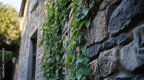 Lush green ivy climbing a rustic stone wall in a serene garden setting on a bright summer day