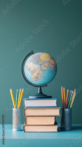 A podium is adorned with books and a globe, complemented by school supplies in warm lighting