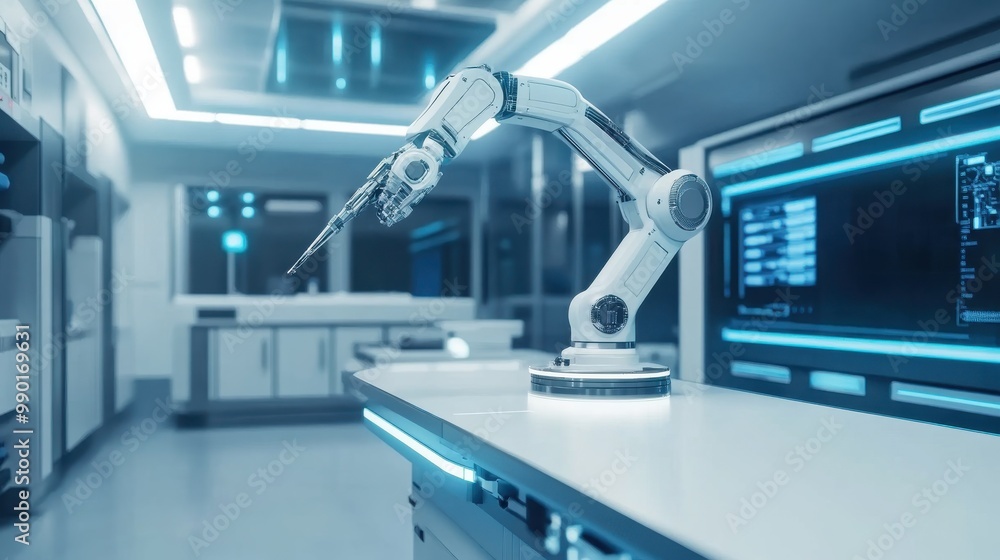 A robotic arm working in a modern laboratory setting featuring advanced technology and sleek design during daytime operations A robotic arm working in a modern laboratory setting featuring advanced technology and sleek design during daytime operations