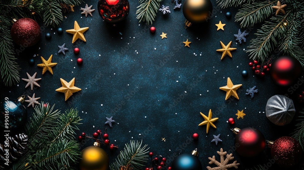 Christmas baubles, stars, and snowflakes arranged on a dark background, viewed from above, creating a festive holiday vibe Christmas baubles, stars, and snowflakes arranged on a dark background, viewed from above, creating a festive holiday vibe