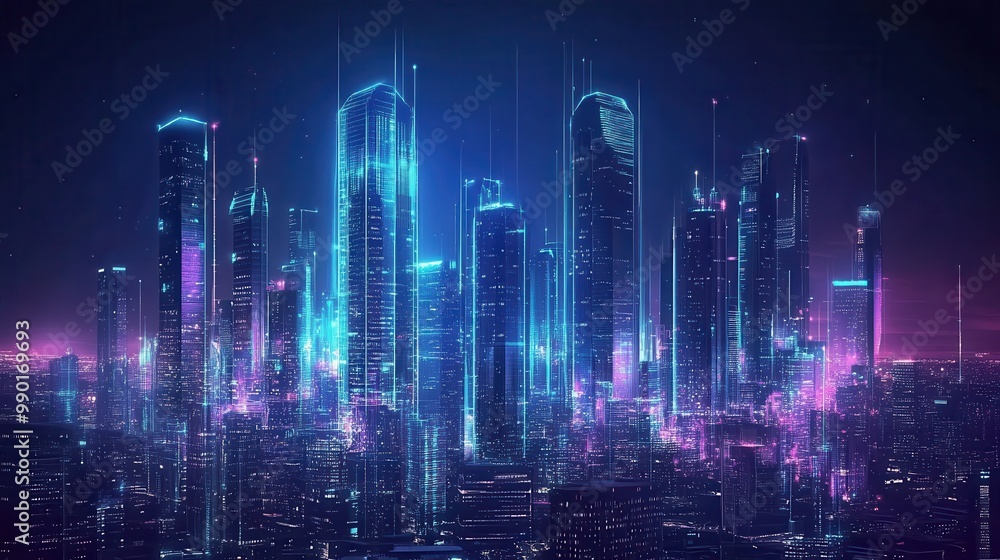 A vibrant futuristic skyline illuminated by neon lights during twilight in a bustling city landscape A vibrant futuristic skyline illuminated by neon lights during twilight in a bustling city landscape