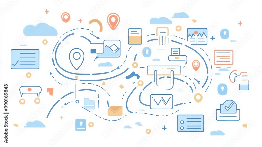 A colorful digital illustration depicting various technology and communication symbols interconnected with lines on a white background A colorful digital illustration depicting various technology and communication symbols interconnected with lines on a white background