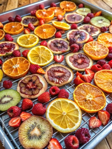Assorted dried fruits arranged on a baking tray.