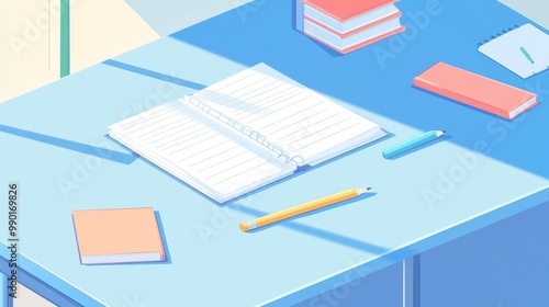 A minimalist student's desk with scattered papers, a notebook, and a pencil for studying