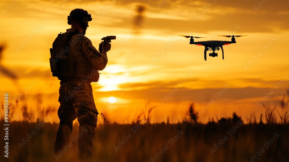 Silhouette of Soldier Operating Drones for Military Combat and Scouting Operations Silhouette of Soldier Operating Drones for Military Combat and Scouting Operations