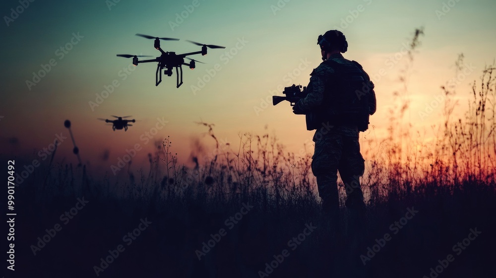 Silhouette of Soldier Operating Drones for Military Combat and Scouting Operations Silhouette of Soldier Operating Drones for Military Combat and Scouting Operations