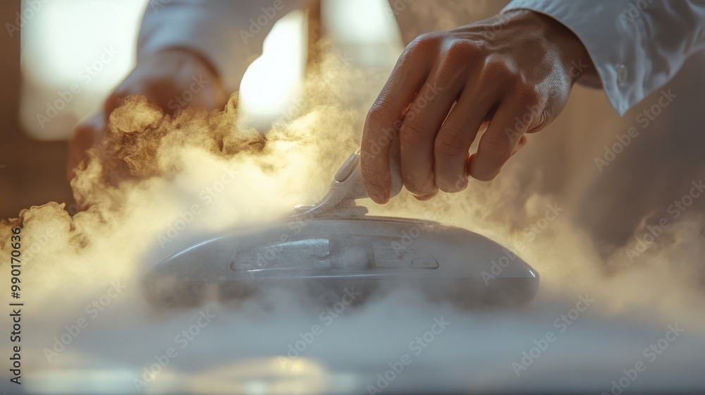 Fototapeta premium A close-up of hands using an iron, creating steam, symbolizing home care and cleanliness in a warm atmosphere.