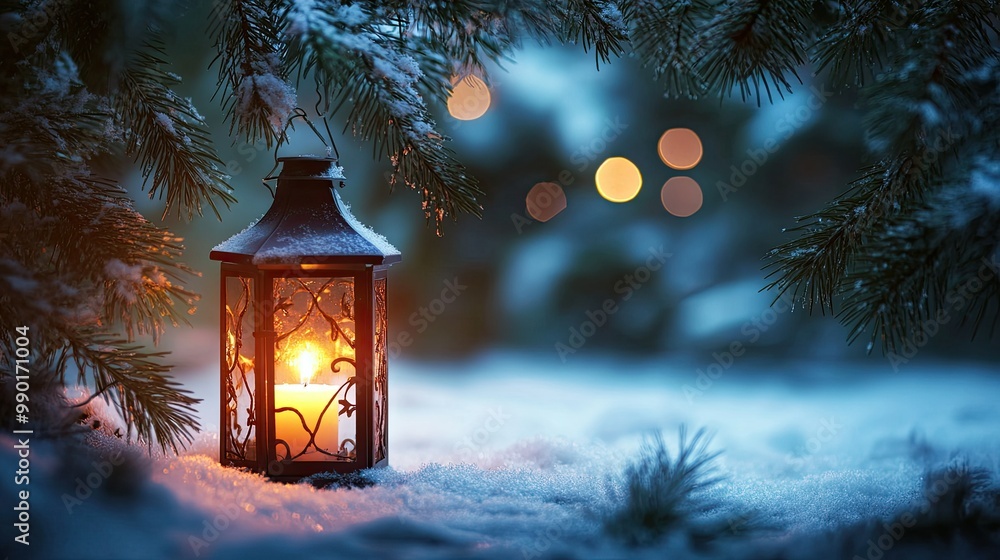 Christmas lantern with a glowing candle placed in a snowy field, framed by pine branches. The outdoor scene allows for plenty of text space. Christmas lantern with a glowing candle placed in a snowy field, framed by pine branches. The outdoor scene allows for plenty of text space.