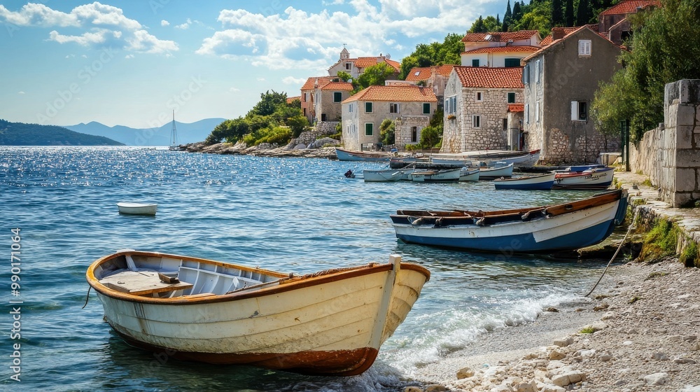 Fototapeta premium Serene coastal village with traditional wooden boats moored along the shoreline in a sunny afternoon setting