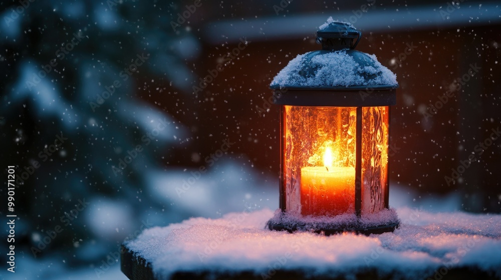 Christmas lantern with a glowing candle, resting on a wooden outdoor table covered in snow. The background offers space for text in the winter night. Christmas lantern with a glowing candle, resting on a wooden outdoor table covered in snow. The background offers space for text in the winter night.