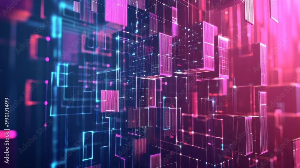 Abstract digital landscape depicting vibrant cubes illuminated in blue and pink light against a dark background Abstract digital landscape depicting vibrant cubes illuminated in blue and pink light against a dark background