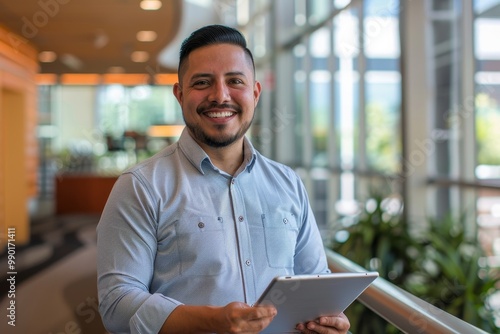 happy young latin business man executive holding tablet at the office, Generative AI photo