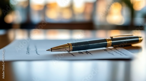 Elegant pen rests on a white notepad with cursive writing, capturing the quiet ambiance of a sunlit workspace in the late afternoon