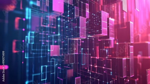 Abstract digital landscape depicting vibrant cubes illuminated in blue and pink light against a dark background