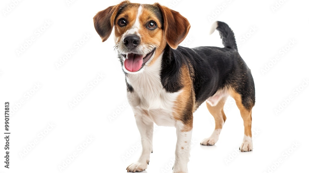 A charming dog standing on a pristine white background. The dog has an endearing expression and a confident stance. Its fur might be soft and shiny. The white background makes the dog stand out promin A charming dog standing on a pristine white background. The dog has an endearing expression and a confident stance. Its fur might be soft and shiny. The white background makes the dog stand out promin