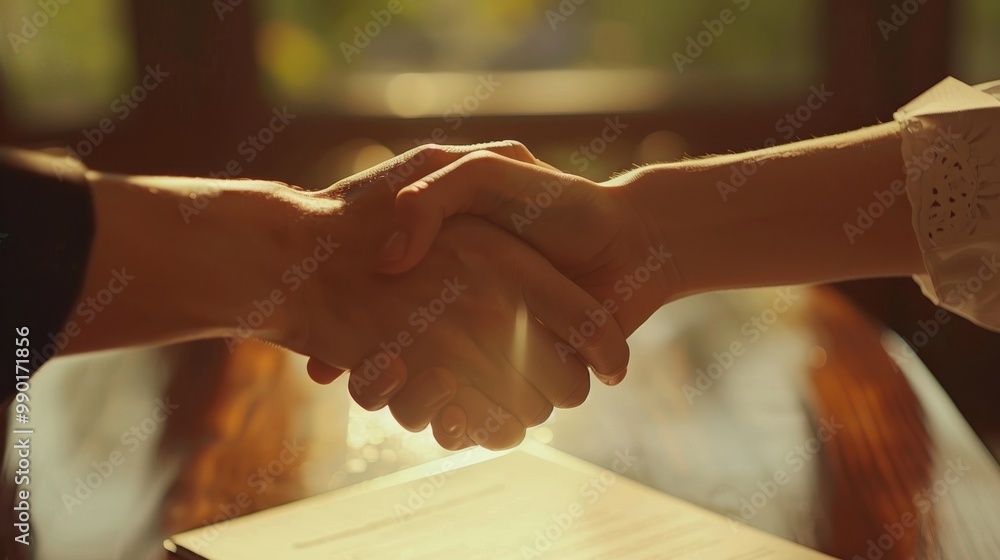 Obraz premium Two hands engaging in a handshake to signify agreement during a business meeting in a sunlit office setting