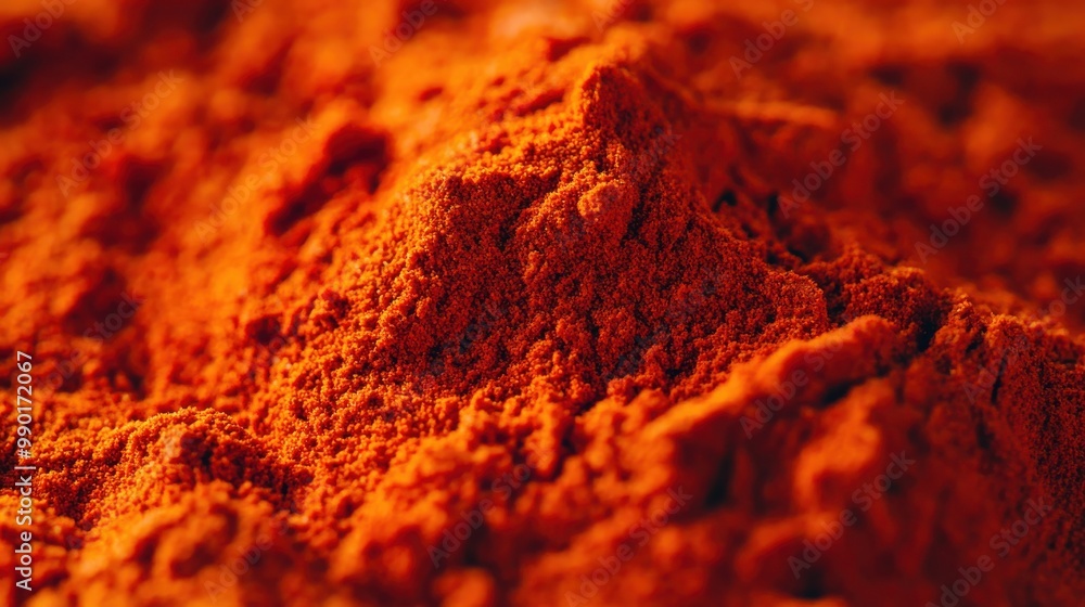 Vibrant red chili powder close-up captures spice's rich texture in a ...