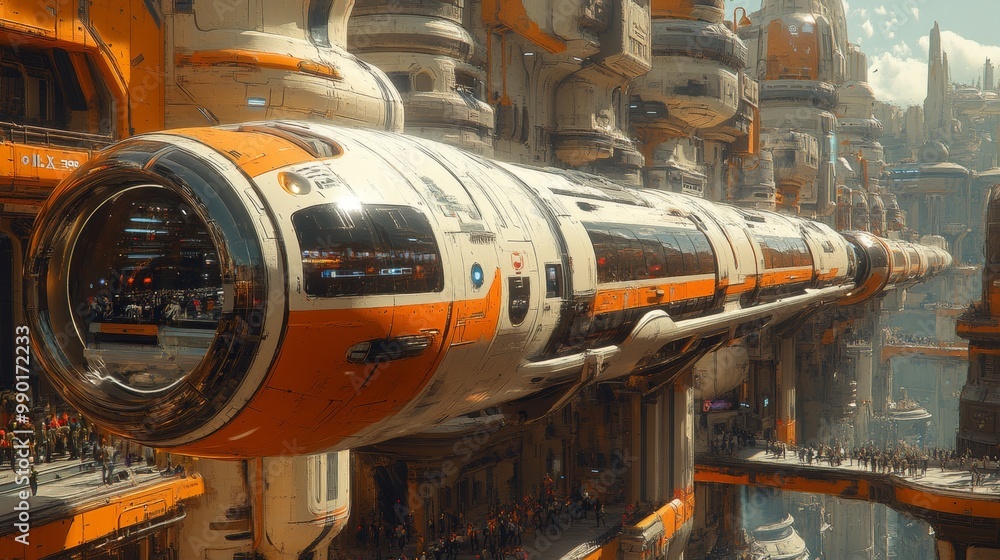 Futuristic Cityscape with a Hovering Train Futuristic Cityscape with a Hovering Train