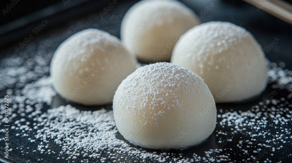 Delicious mochi dessert with a dusting of powdered sugar arranged neatly on a black plate in a cozy dining setting Delicious mochi dessert with a dusting of powdered sugar arranged neatly on a black plate in a cozy dining setting