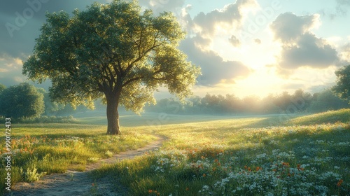 Serene landscape with a tree and path under a bright sky.