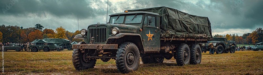 Obraz premium Vintage Military Truck in Rustic Landscape