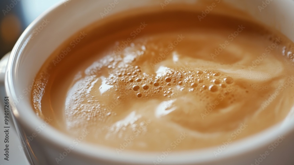 Warm, frothy coffee in a white mug placed on a table during a sunny morning Warm, frothy coffee in a white mug placed on a table during a sunny morning