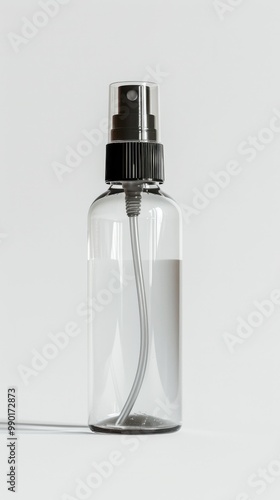 A clear bottle with a black cap and a spray nozzle