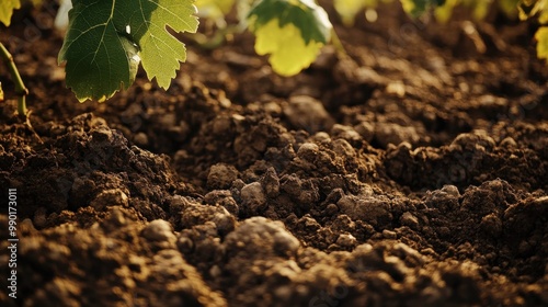 Close-up view of rich soil beneath grapevine leaves in a vineyard during a sunny afternoon photo