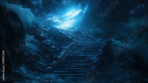 Mystical staircase leading through clouds to a starry sky illuminated by a bright celestial glow at night