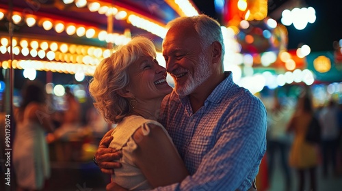 An elderly couple shares a joyful moment at a vibrant carnival, celebrating love and connection under colorful lights.