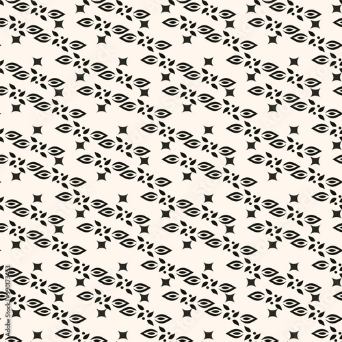 Simple minimalist geometric seamless pattern. Abstract monochrome minimal background with small floral shapes. Subtle repeat design for decor, print.