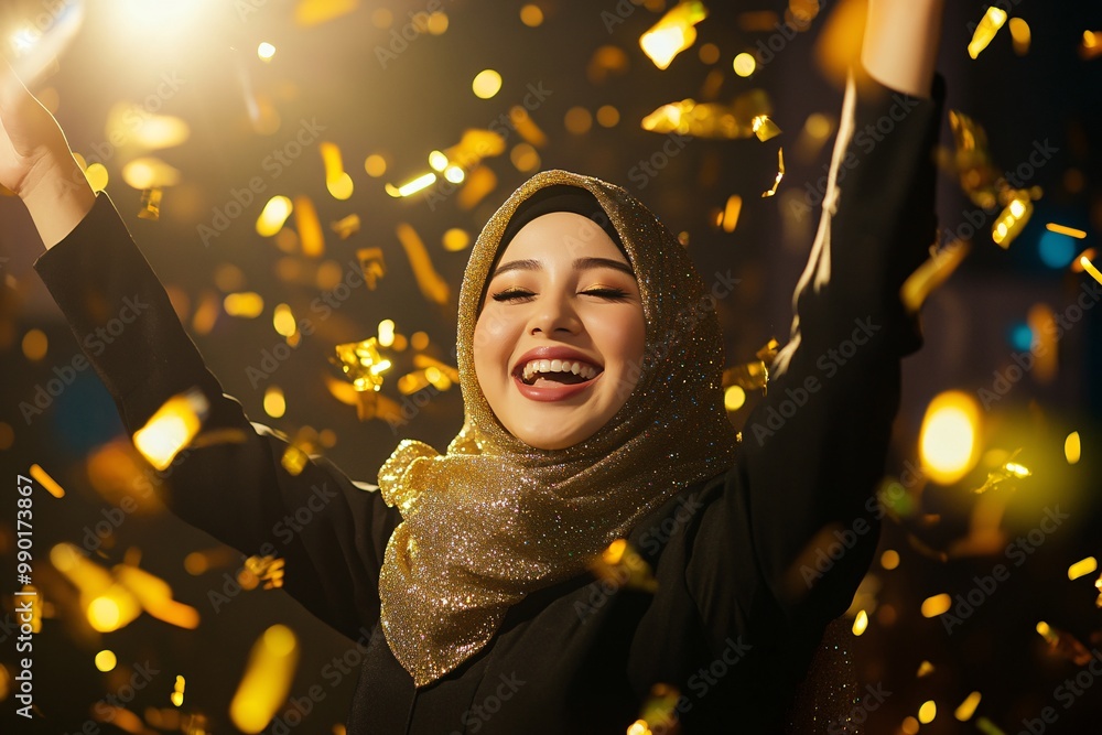 A joyful woman celebrating with confetti and bright lights, radiating happiness and excitement in a festive atmosphere. A joyful woman celebrating with confetti and bright lights, radiating happiness and excitement in a festive atmosphere.
