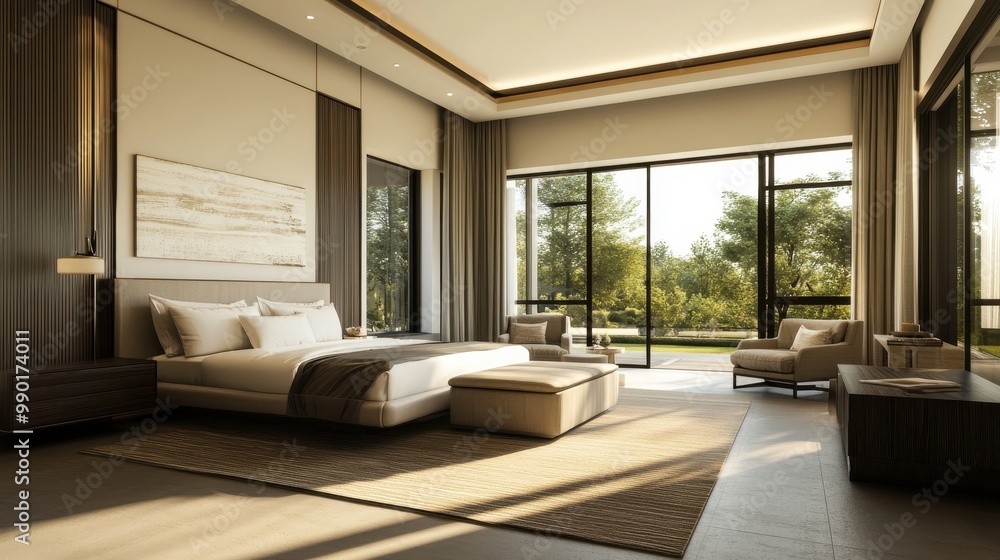 Naklejka premium Contemporary bedroom with large windows overlooking a serene garden in midday light