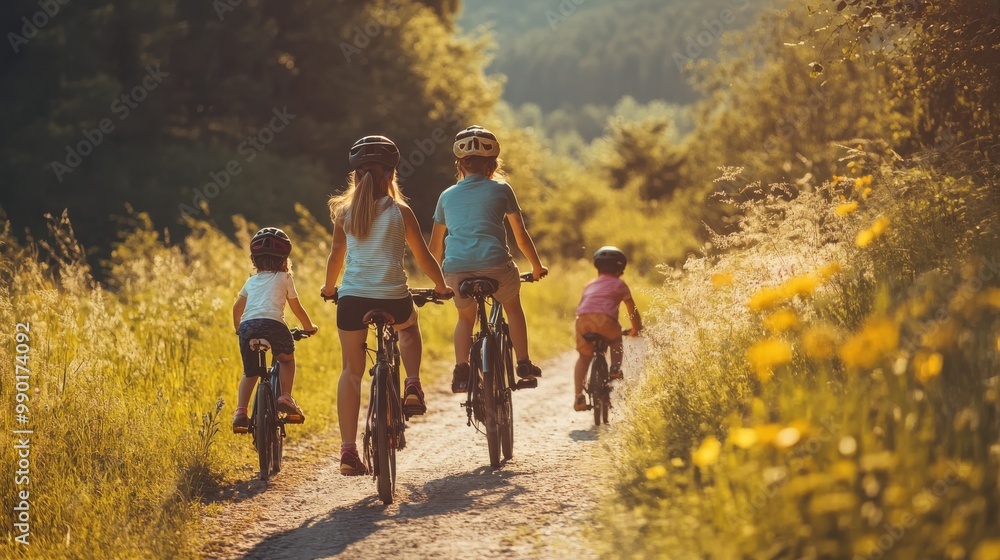 Fototapeta premium Family biking on a sunny trail surrounded by wildflowers in the late afternoon during summer