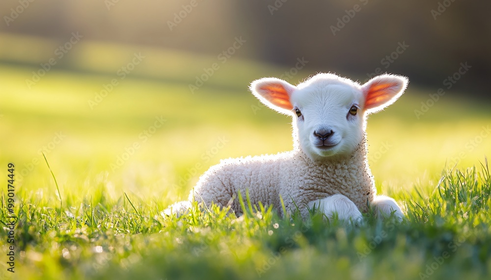 A cute lamb resting on lush green grass, basking in the warm sunlight with a peaceful expression in a serene countryside setting. A cute lamb resting on lush green grass, basking in the warm sunlight with a peaceful expression in a serene countryside setting.