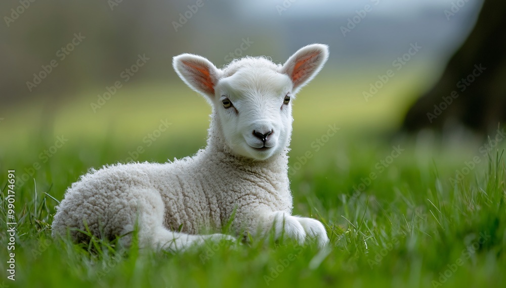 A charming young lamb resting on green grass, showcasing its soft wool and curious expression in a serene outdoor setting. A charming young lamb resting on green grass, showcasing its soft wool and curious expression in a serene outdoor setting.