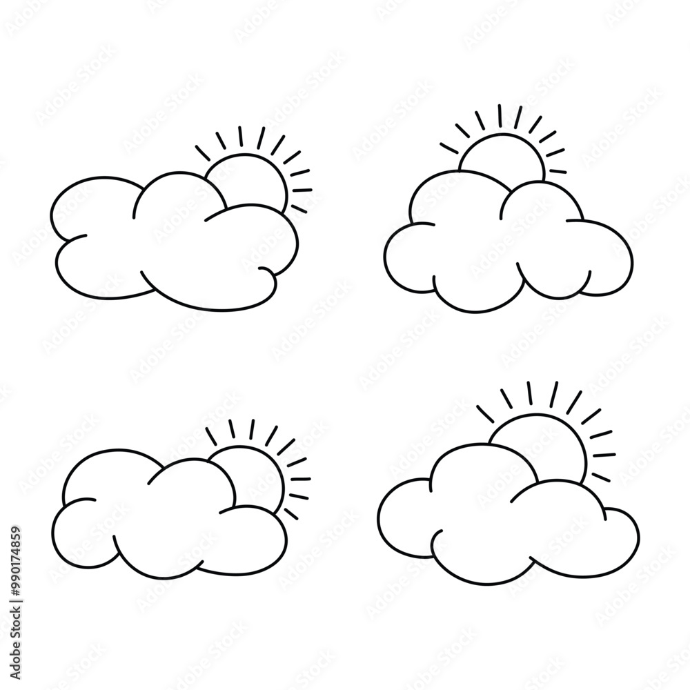 Hand drawn clouds with sun shape outline isolated vector illustration. Hand drawn clouds with sun shape outline isolated vector illustration.
