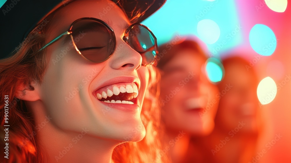 A group of friends laughing and enjoying a night out at a comedy club. A group of friends laughing and enjoying a night out at a comedy club.