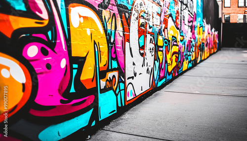 A graffiti-covered urban wall, showcasing vibrant colors, bold lines, and an edgy, artistic vibe