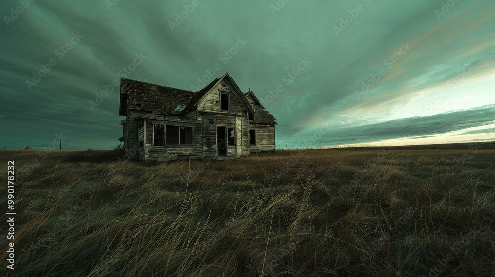 A creepy, uninhabitable mansion in a field at twilight, suggesting an abandoned and haunting presence A creepy, uninhabitable mansion in a field at twilight, suggesting an abandoned and haunting presence