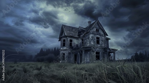 A creepy, uninhabitable mansion in a field at twilight, suggesting an abandoned and haunting presence