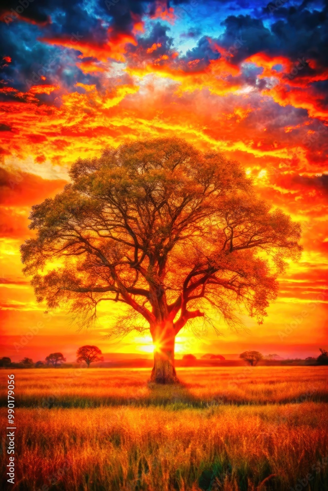 Majestic tree silhouetted against a fiery sunset. Majestic tree silhouetted against a fiery sunset.