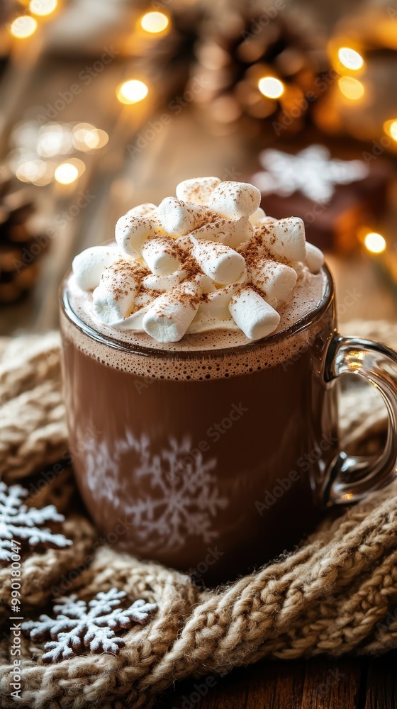 A warm mug of hot chocolate with whipped cream and marshmallows sits on a decorated table A warm mug of hot chocolate with whipped cream and marshmallows sits on a decorated table