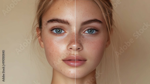 Close-up portrait of a woman's face with one side displaying natural skin texture and the other side showing retouched skin. photo