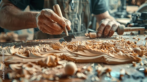 Craftsman Carving Intricate Wooden Design with Chisel