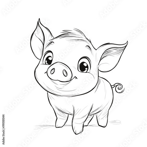 Cute Pig With coloring book pages picture,Pig line art,Pig outline drawing vector illustration
