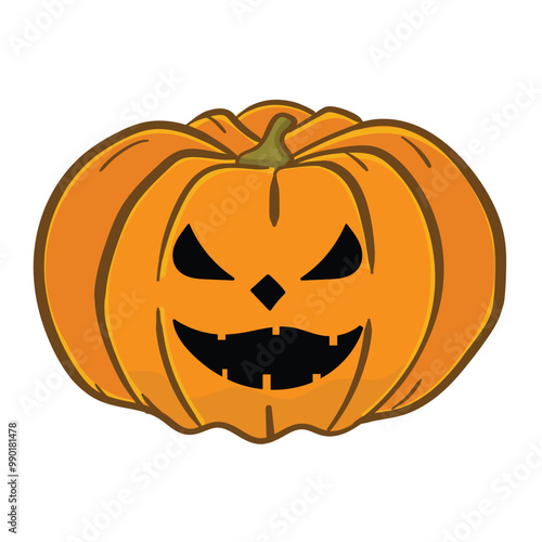 Vector icon for a smiling Jack-O'-Lantern with a wide grin. Hand-drawn orange pumpkin with carved eyes and a large, toothy smile, perfect for Halloween designs.