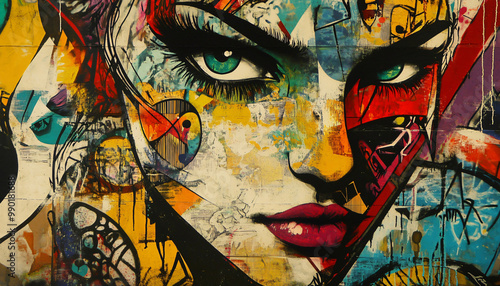 A graffiti-covered urban wall, showcasing vibrant colors, bold lines, and an edgy, artistic vibe