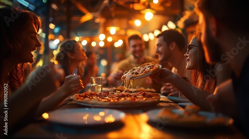 group of friends eating pizza together in restaurant, city life free time or travel and vacation, meeting friends and going out for dinner. Generative AI #990182052